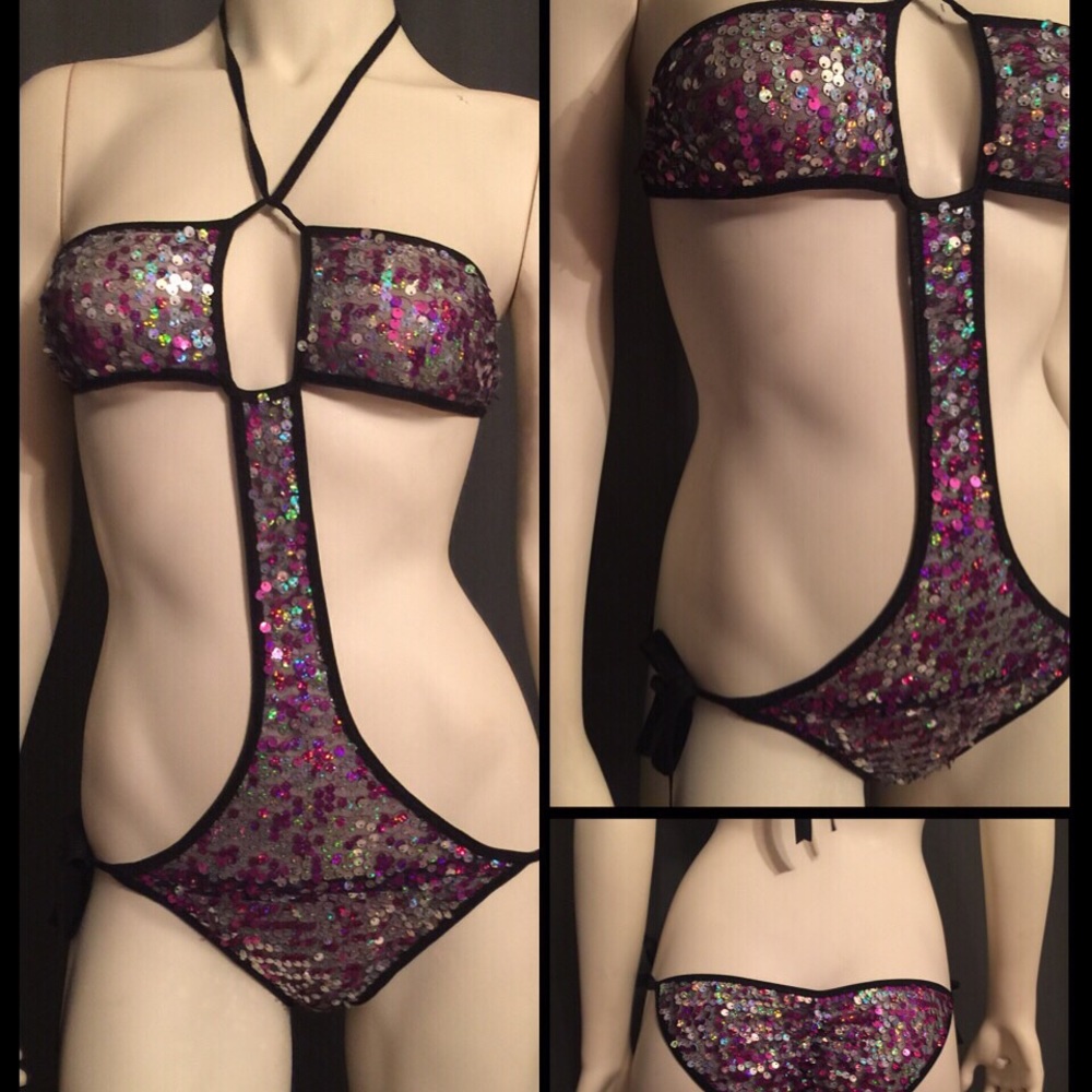 Exotic monokini purple sequins with Ruched bottoms